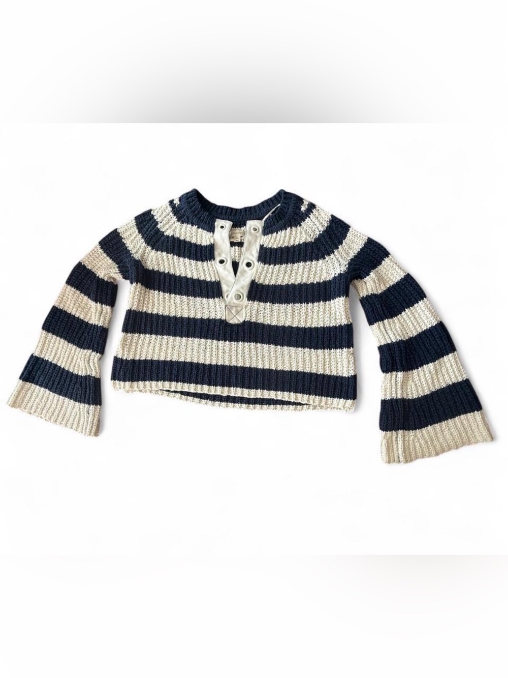Pilcro Navy and Cream Striped Cropped Henley Sweater